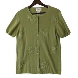 Vintage Jenny Floral Embroidered‎ Cardigan Sweater Chartreuse Green Medium Ramie